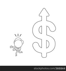 Vector illustration concept of businessman character running away from big dollar symbol and arrow moving up. Black outline.