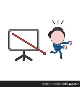 Vector illustration concept of businessman character running away from sales chart arrow moving down. Color and black outlines.