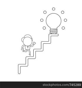 Vector illustration concept of businessman character running glowing light bulb on top of stairs. Black outline.