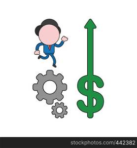 Vector illustration concept of businessman character running on gears and dollar arrow moving up. Color and black outlines.