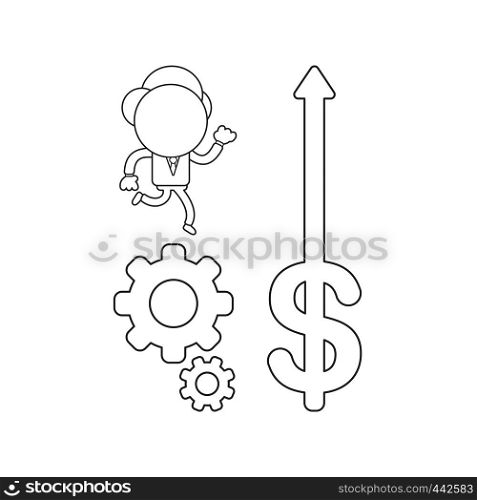 Vector illustration concept of businessman character running on gears and dollar arrow moving up. Black outline.