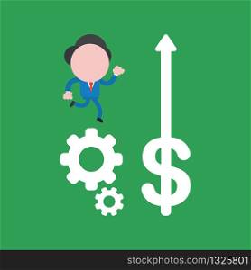 Vector illustration concept of businessman character running on gears and dollar with arrow moving up. Green background.