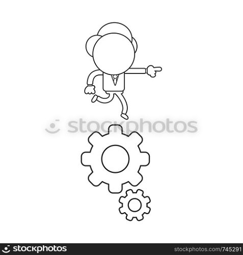 Vector illustration concept of businessman character running on gears. Black outline.