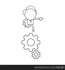 Vector illustration concept of businessman character running on gears. Black outline.