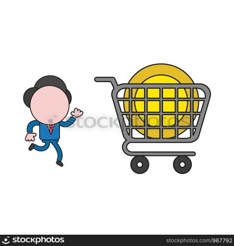 Vector illustration concept of businessman character running to dollar coin inside shopping cart. Color and black outlines.