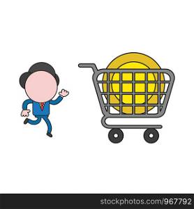 Vector illustration concept of businessman character running to dollar coin inside shopping cart. Color and black outlines.
