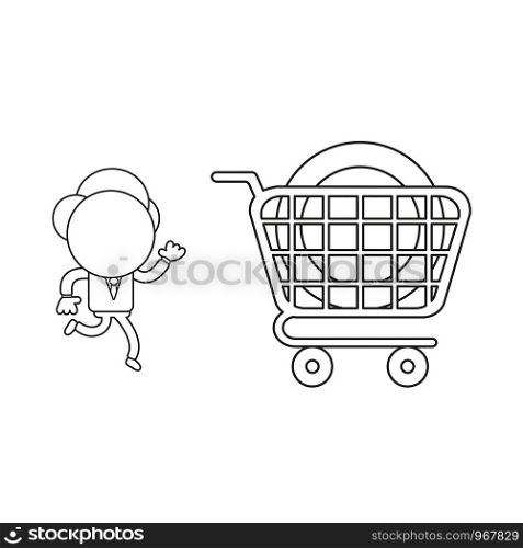 Vector illustration concept of businessman character running to dollar coin inside shopping cart. Black outline.