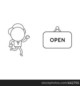 Vector illustration concept of businessman character running to open hanging sign. Black outline.