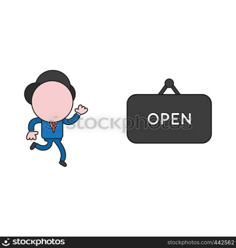 Vector illustration concept of businessman character running to open hanging sign. Color and black outlines.