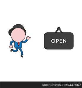 Vector illustration concept of businessman character running to open hanging sign. Color and black outlines.