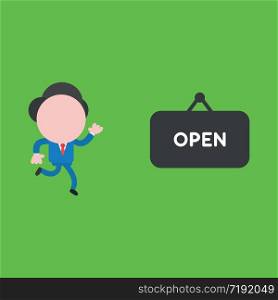 Vector illustration concept of businessman character running to open hanging sign. Green background.
