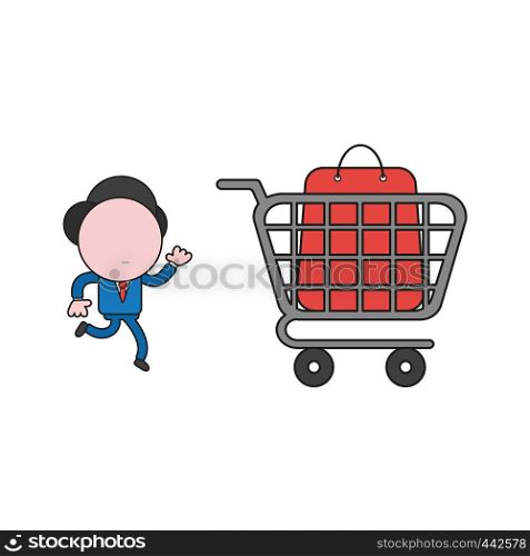Vector illustration concept of businessman character running to shopping bag inside shopping cart. Color and black outlines.