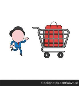 Vector illustration concept of businessman character running to shopping bag inside shopping cart. Color and black outlines.