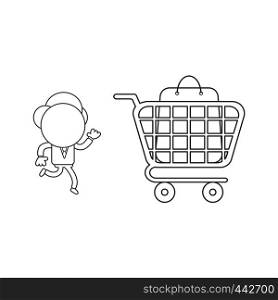 Vector illustration concept of businessman character running to shopping bag inside shopping cart. Black outline.
