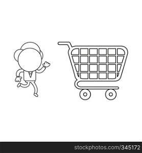 Vector illustration concept of businessman character running to shopping cart. Black outline.
