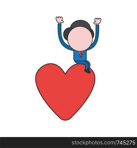 Vector illustration concept of businessman character sitting on heart. Color and black outlines.