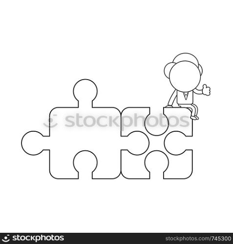Vector illustration concept of businessman character sitting on two connected puzzle pieces and showing thumbs-up. Black outline.