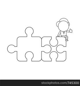 Vector illustration concept of businessman character sitting on two connected puzzle pieces and showing thumbs-up. Black outline.