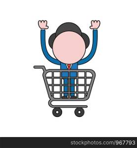 Vector illustration concept of businessman character standing inside shopping cart. Color and black outlines.