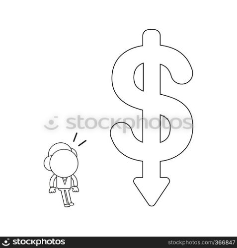 Vector illustration concept of businessman character surprised at big dollar symbol with arrow moving down. Black outline.