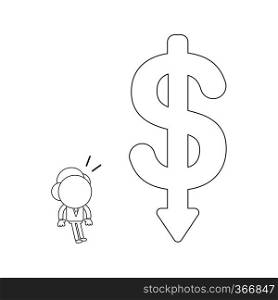 Vector illustration concept of businessman character surprised at big dollar symbol with arrow moving down. Black outline.