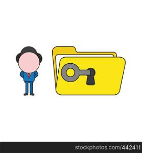 Vector illustration concept of businessman character unlock file folder with key. Color and black outlines.