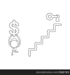 Vector illustration concept of businessman character unlock keyhole with key at top of stairs and carrying dollar. Black outline.