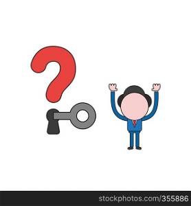 Vector illustration concept of businessman character unlock question mark keyhole with key. Color and black outlines.