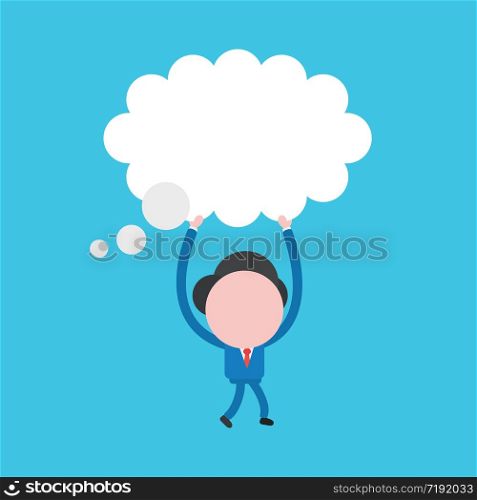 Vector illustration concept of businessman character walking and carrying blank thought bubble. Blue background.