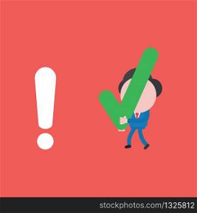 Vector illustration concept of businessman character walking and carrying check mark to exclamation mark. Red background.