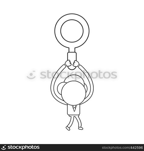 Vector illustration concept of businessman character walking and carrying magnifying glass. Black outline.