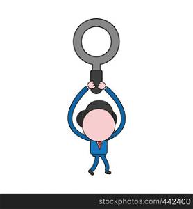 Vector illustration concept of businessman character walking and carrying magnifying glass. Color and black outlines.