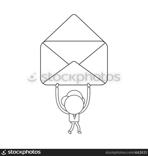 Vector illustration concept of businessman character walking and carrying opened mail envelope. Black outline.