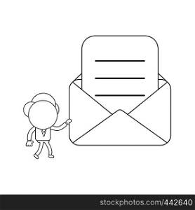 Vector illustration concept of businessman character walking and holding mail envelope with written paper. Black outline.