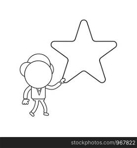 Vector illustration concept of businessman character walking and holding star. Black outline.