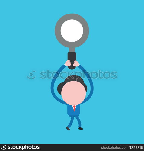Vector illustration concept of businessman character walking and holding up magnifying glass. Blue background.