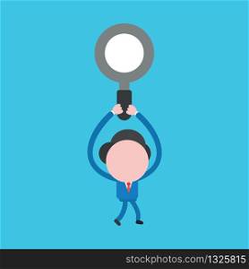 Vector illustration concept of businessman character walking and holding up magnifying glass. Blue background.