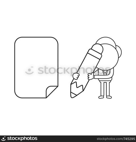 Vector illustration concept of businessman character with blank paper and holding pencil. Black outline.