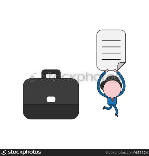 Vector illustration concept of businessman character with briefcase and running, holding up written paper. Color and black outlines.