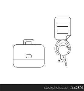 Vector illustration concept of businessman character with briefcase and running, holding up written paper. Black outline.