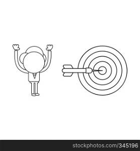 Vector illustration concept of businessman character with bulls eye and dart in the center. Black outline.