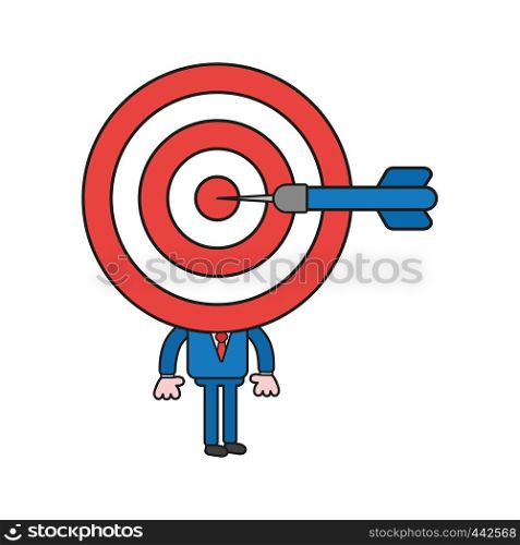 Vector illustration concept of businessman character with bulls eye head and dart in the center.
