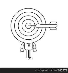 Vector illustration concept of businessman character with bulls eye head and dart in the center. Black outline.