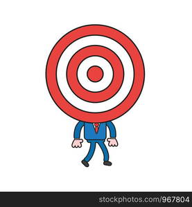 Vector illustration concept of businessman character with bulls eye head and walking. Color and black outlines.