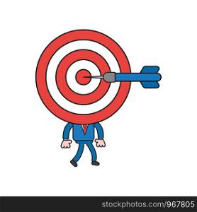 Vector illustration concept of businessman character with bulls eye head, dart in the center and walking. Color and black outlines.