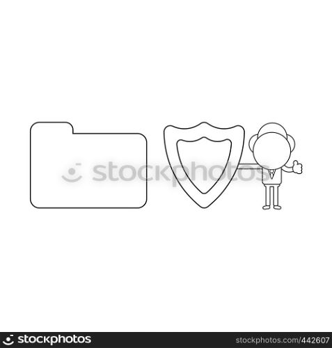 Vector illustration concept of businessman character with closed file folder, holding guard shield and giving thumbs-up. Black outline.