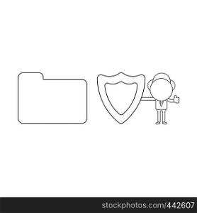 Vector illustration concept of businessman character with closed file folder, holding guard shield and giving thumbs-up. Black outline.