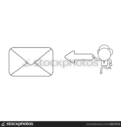 Vector illustration concept of businessman character with closed mail envelope and carrying arrow pointing left. Black outline.