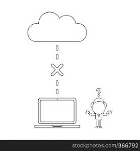 Vector illustration concept of businessman character with cloud and laptop and connection error. Black outline.