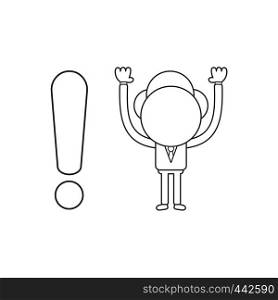 Vector illustration concept of businessman character with exclamation mark. Black outline.